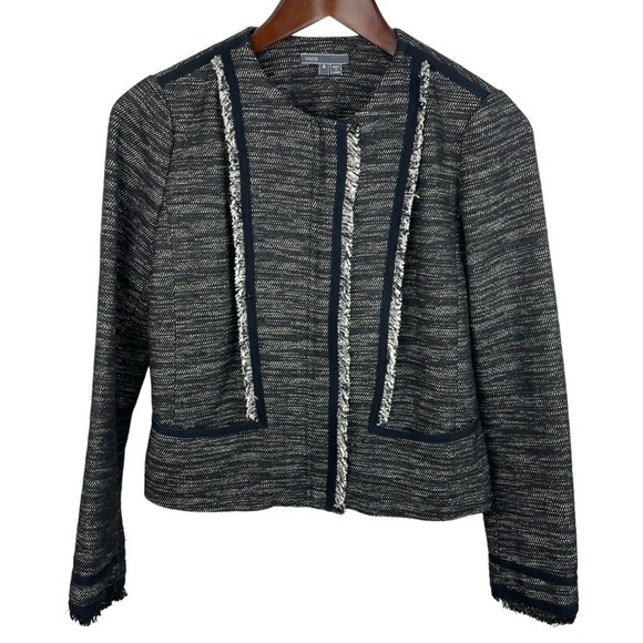 Vince | Black White Tweed Fringe Leather Trim Zip Blazer Jacket - Picture 1 of 8
